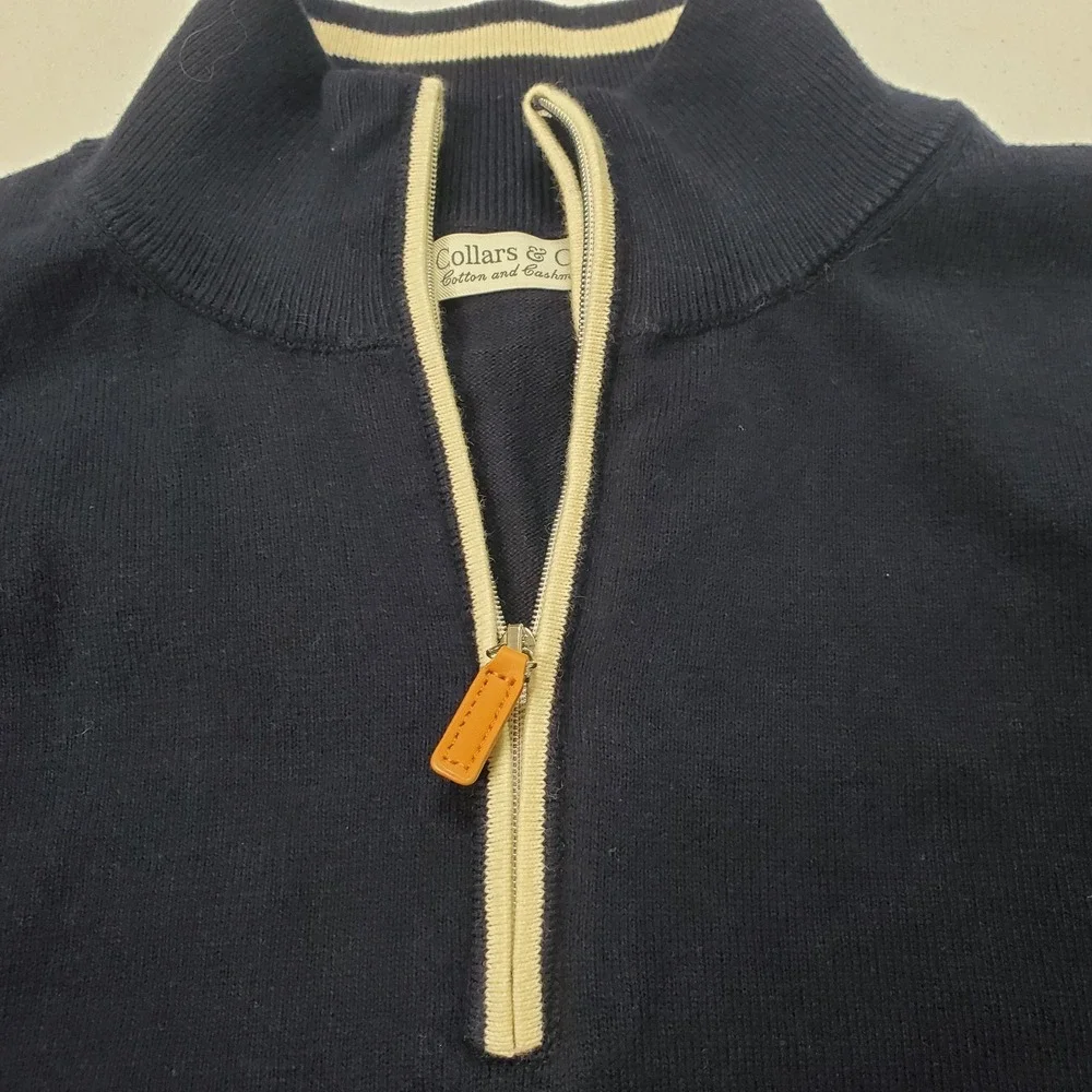 Collars & Co Mens Cotton Cashmere Zip Pullover Sweater Size L Blue Nautical